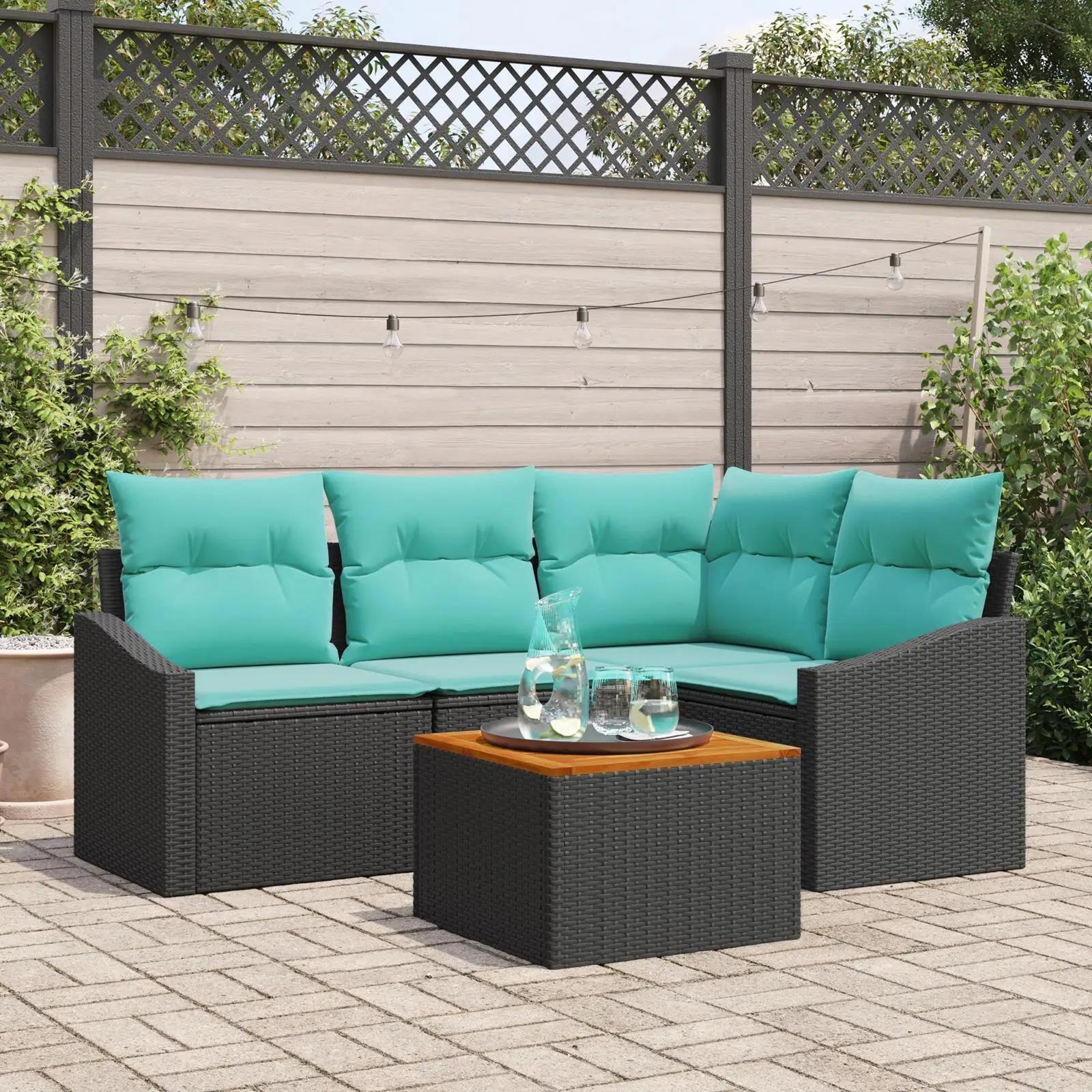 

5 Piece Outdoor Garden Sofa Set with Cushions Black Rattan Acacia Wood Furniture