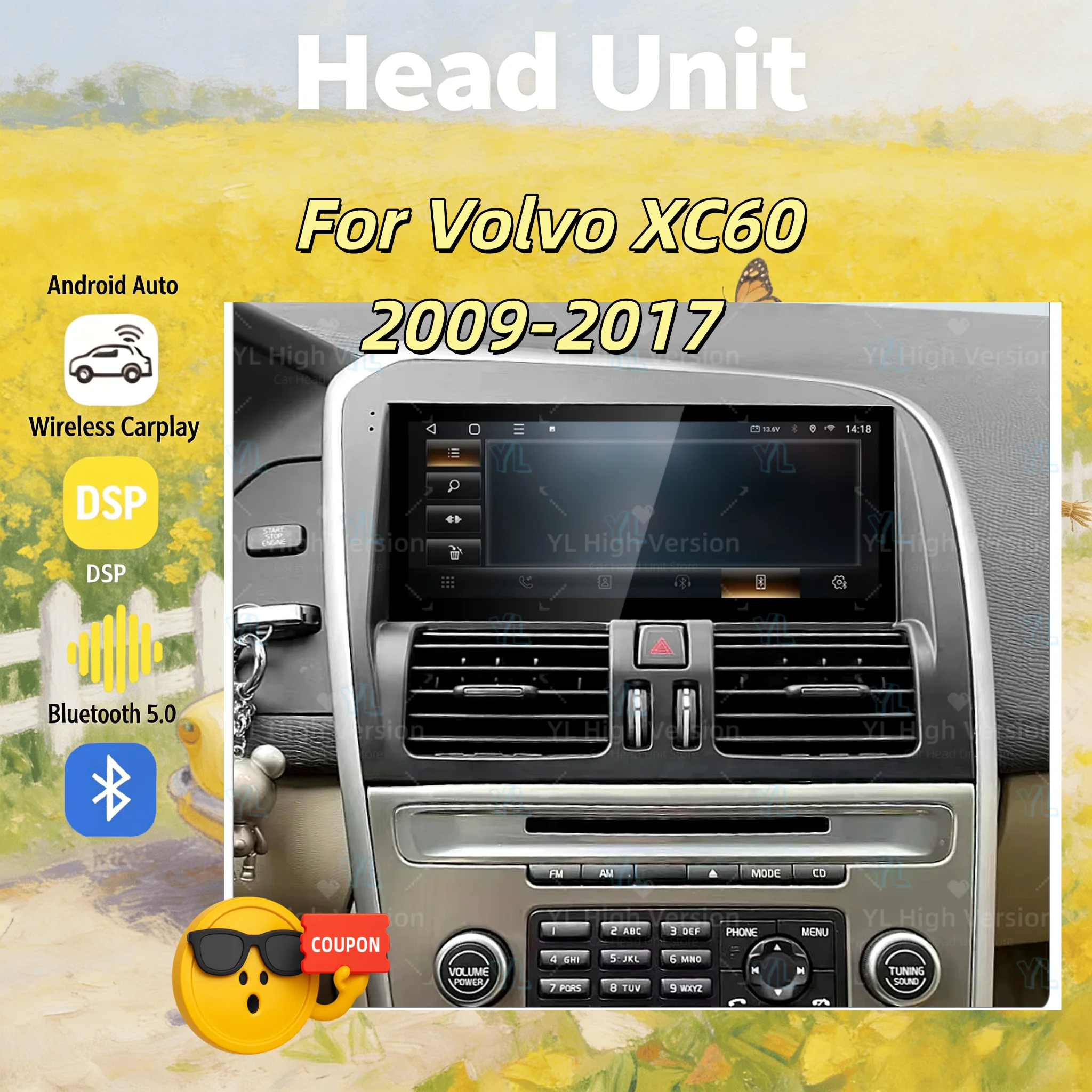 Radio para Auto Android 14.0 para Volvo XC60 2009 2010 2011-2017, Reproductor Multimedia Estéreo, GPS, Navegación, Unidad Principal, 4G, Bluetooth 5.0
