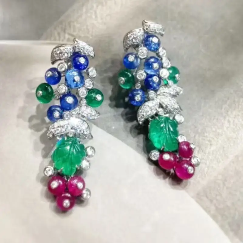 

ZOCA 925 Sterling Silver Earrings for Women Colorful Gemstone Engraved Fruitti Style Luxury Antique Trendy Jewelry