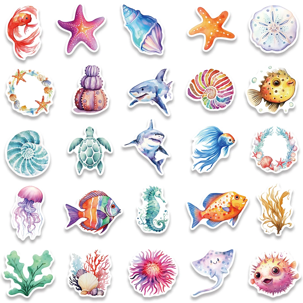 50pcs Water Colorful Marine Sea Animals Life Aesthetic Sticker Car Fridge Bottle Laptop Diary Phone Graffiti Decals Kids Gift