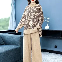 Advanced Sense Embroidery Split Knit Suit Women's 2023 Spring Autumn New Fashion Sweater Wide Leg Pants Two-Piece Set Female