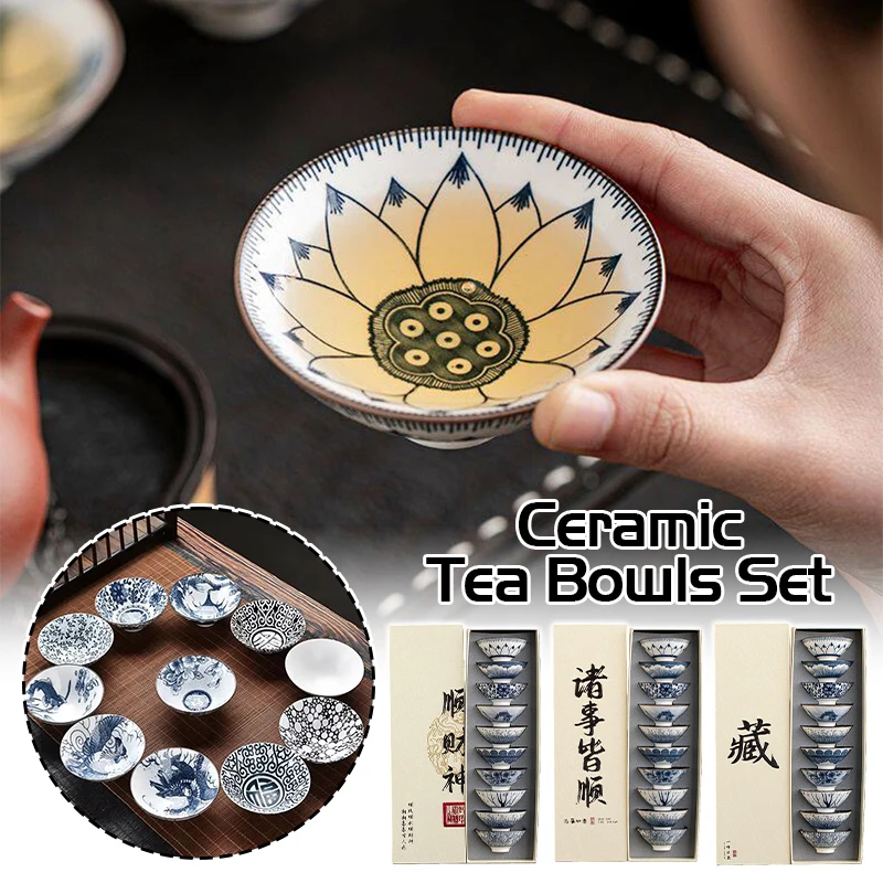 10 Pcs/Set Blue And White Porcelain Tea Bowls Small Ceramic Kung Fu Teacups Vintage Single Master Cup With Gift Box Teaware Set