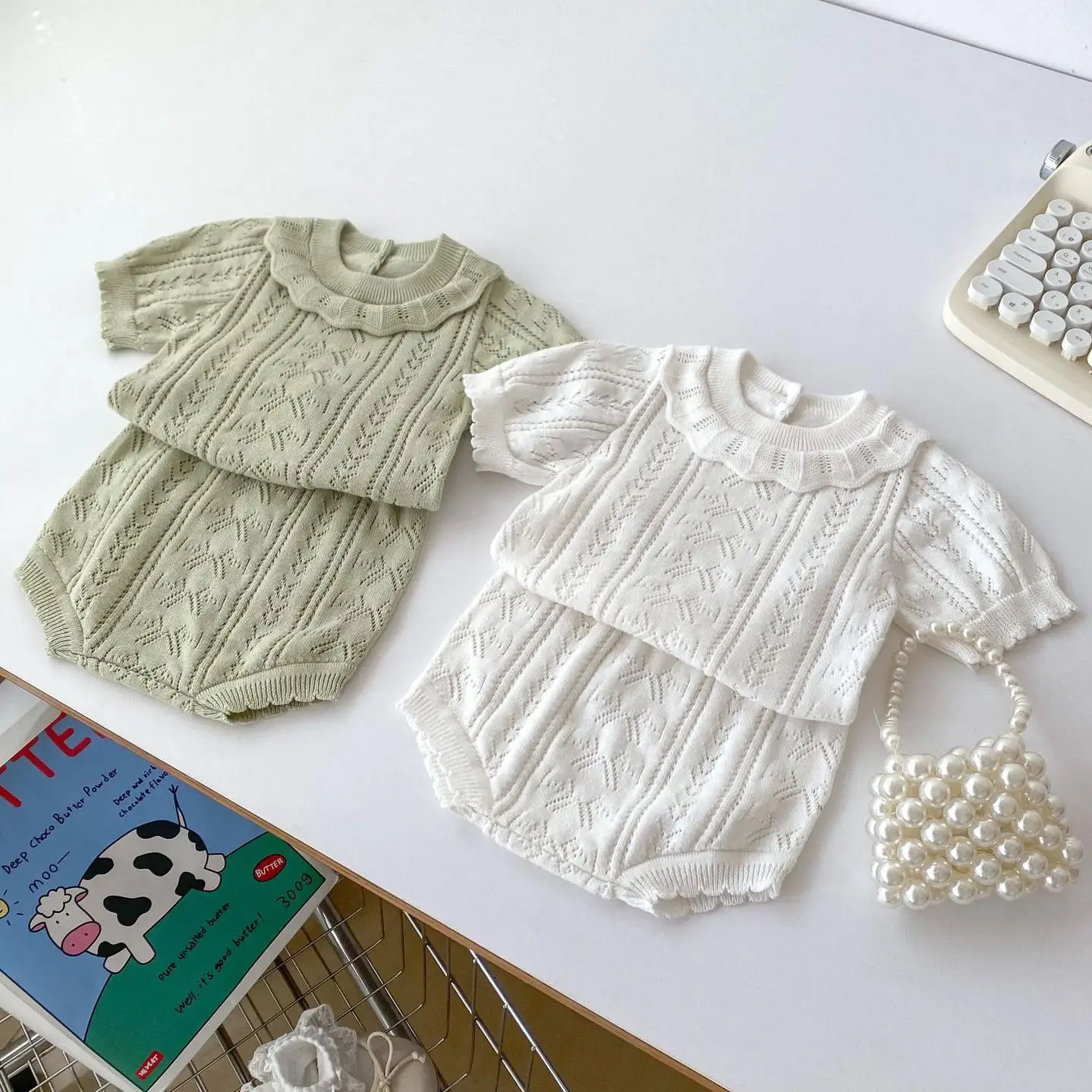 

Summer Children Thin Knit Hollow Out Knitsuit Boy Girl Infant Cotton Short Sleeve Tops+Shorts 2pcs Baby Solid Casual Sweater Set