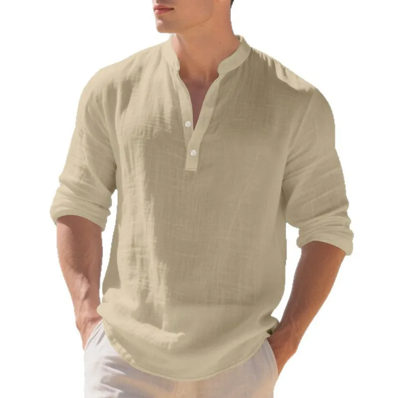 Casual Linen Blend Shirt Button Front V Neck Solid Color Loose Fit Long Sleeve Wrinkle Free Beachwear Black Navy Olive Green