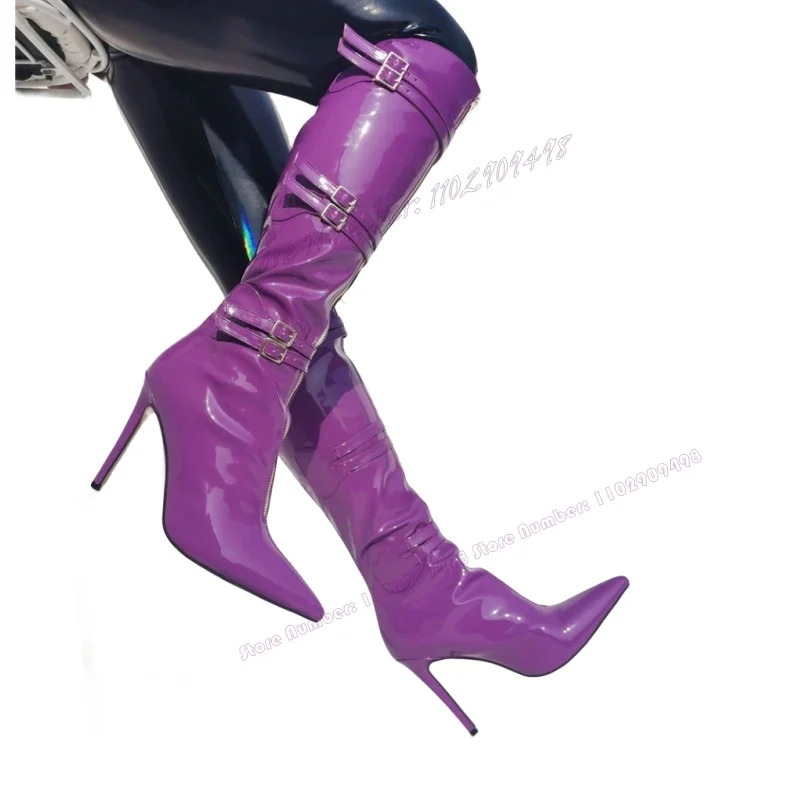 Botas hasta la rodilla de charol púrpura con cremallera frontal seis hebillas de tobillo Zapatos de moda de tacón alto fino 2025 Zapatos Para Mujer