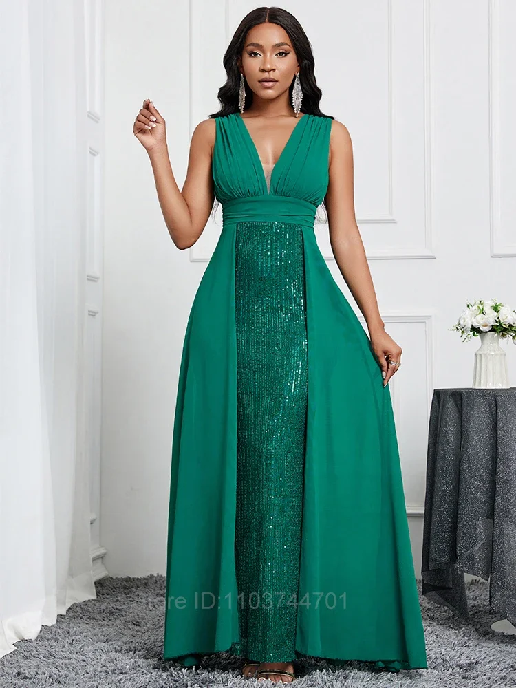 Sexy senza spalline paillettes Pacthwork Maxi abito plissettato donna verde senza maniche Backless drappeggiato Slim abito lungo da sera