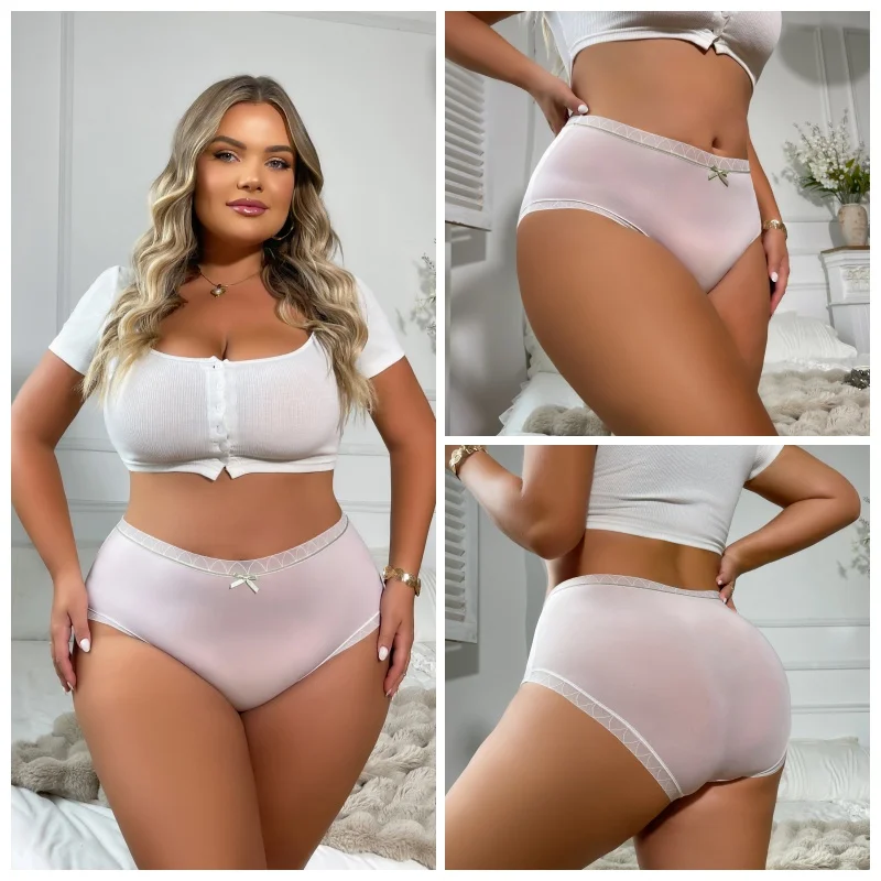 3PCS Plus Size Solid Fresh Women's Panties Sexy Mesh Comfortable Breathable Girl's Briefs High Waist Seamless Underwear 1XL-4XL