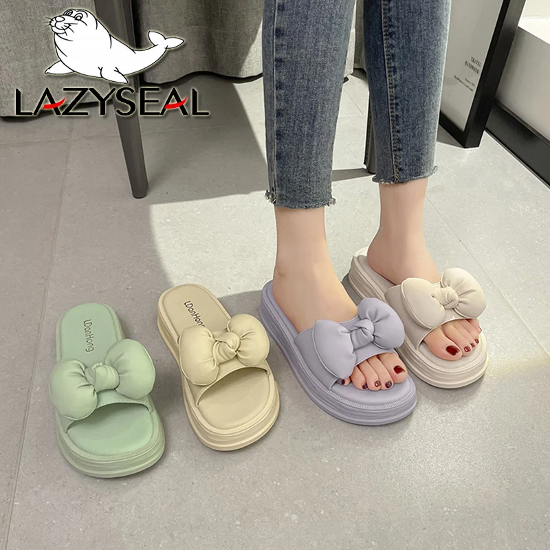 LazySeal 4cm Med Heel Women Slides Candy Color Butterfly Knot Crystal Outdoor Slides Summer Beach Slipper Flat Heel Sweet Sandal