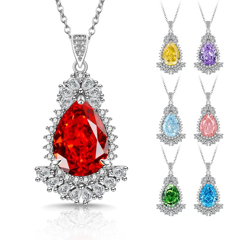 Pure 925 Silver Plated Female Engagement Jewelry Necklace - Teardrop-Shaped Ice Flower Cut Zircon Crystal Necklace - Punk Style