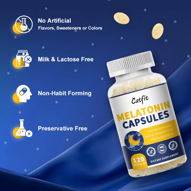 Catfit Melatonin Capsules 10mg Vitamin B6 Omaga 3 6 9 Restful Sleep Stress&Anxiety Relief Fall Deep Sleep Insomnia Sleep Quality