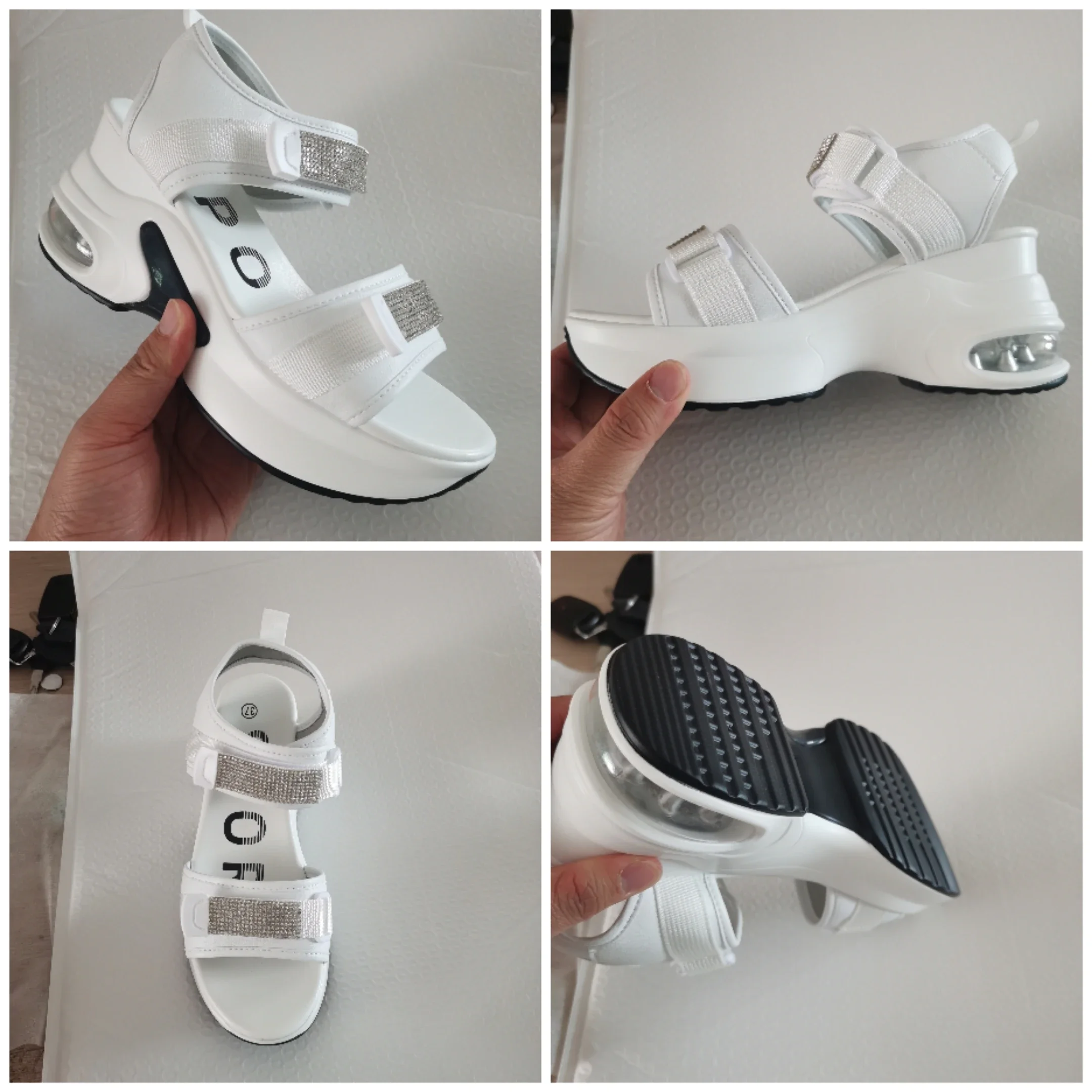 Fujin 8CM nowe sandały z prawdziwej skóry damskie Rhinestone wygodne buty moda Bling kobiety letnie platformy klinowe damskie pantofle z haczykiem