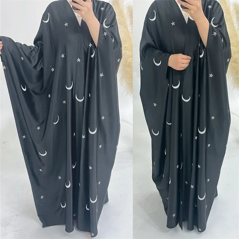 Eid Satin Abaya Kimono Moon Embroidery Open Abayas for Women Dubai Muslim Cardigan Long Dress Ramadan Wholesale Islamic Clothing