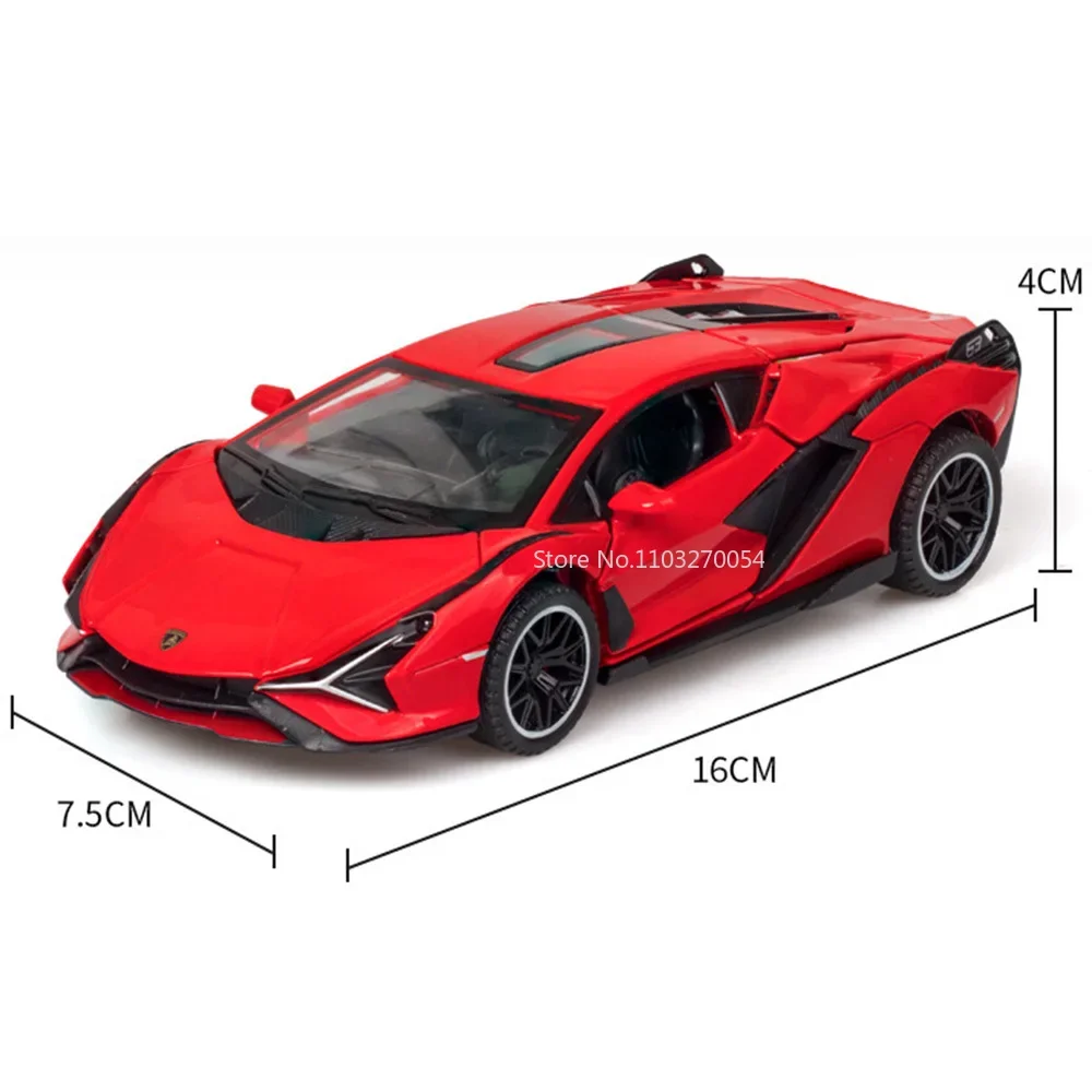 1:32 Lambo SIAN Model samochodu Alloy Diecasts Zabawka Miniaturowe pojazdy Dźwięk Światło Pociągnij tylne drzwi Otwarte zabawki Prezenty urodzinowe dla dzieci