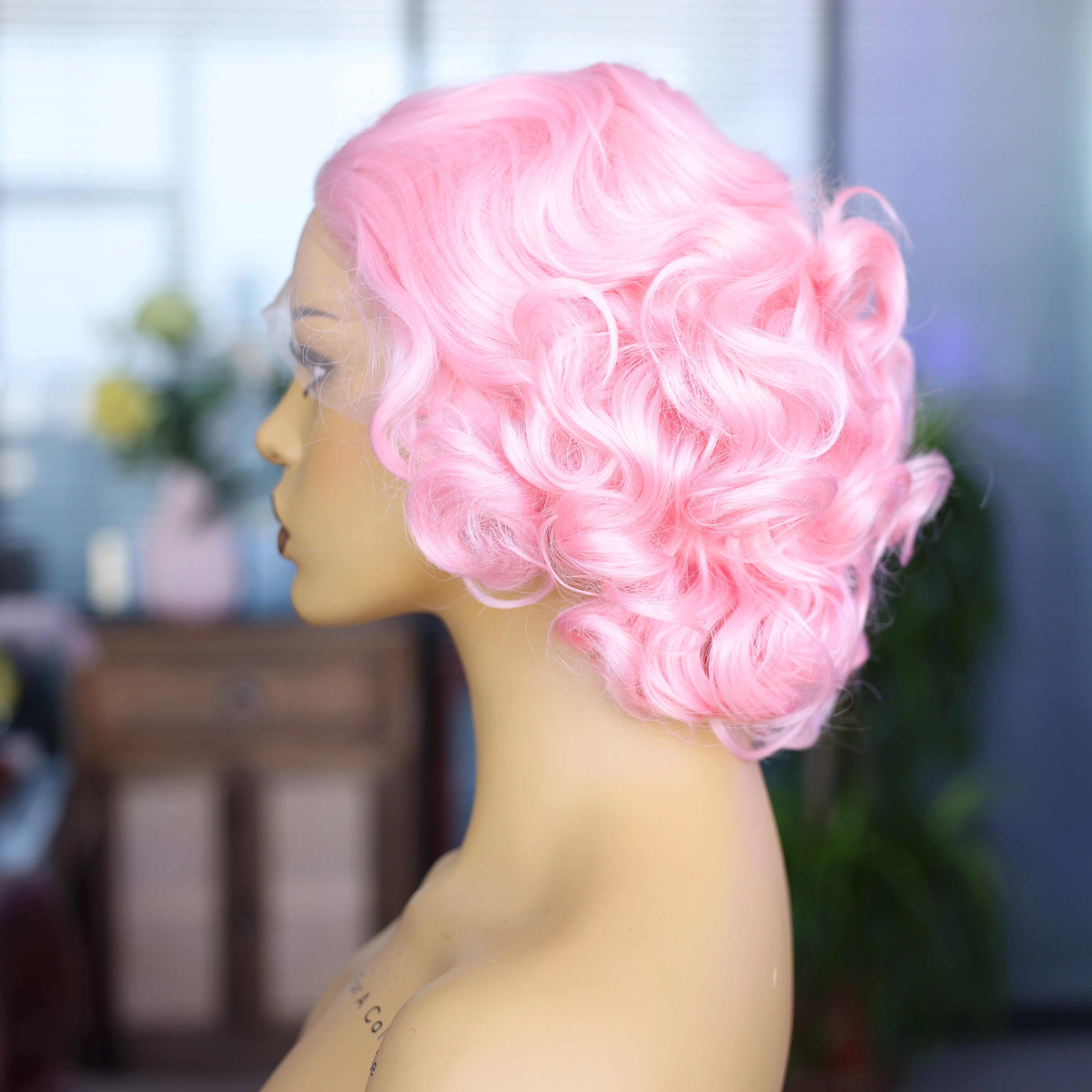 Pink Short Synthetic Wave Wig Natural Hangline Front Lace Mesh Cap Adjustable Elastic Wig Lightweight for Dating Travel Cosplay