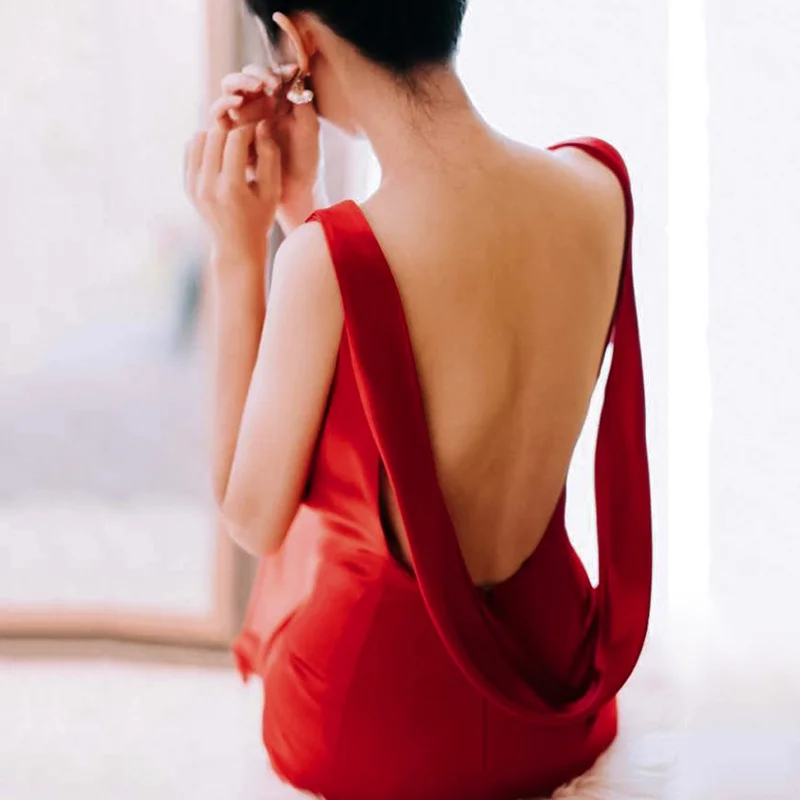 

Сексуальное атласное вечернее платье без рукавов с открытой спиной, длинным шлейфом и глубоким V-образным вырезом для новобрачной, для вечеринок и выступлений