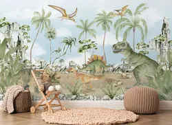 Trex Wallpaper | Jurassic Watercolor Dinosaur Wallpaper Peel and Stick | Kids Prehistoric Dino Park Wall Mural | Predatory Anima