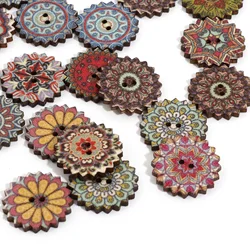 50 PCs 20mm/25mm Wood Ethnic Sewing Buttons Scrapbooking 2 Holes Flower At Random For Clothing DIY Scrapbooking Decor Craft