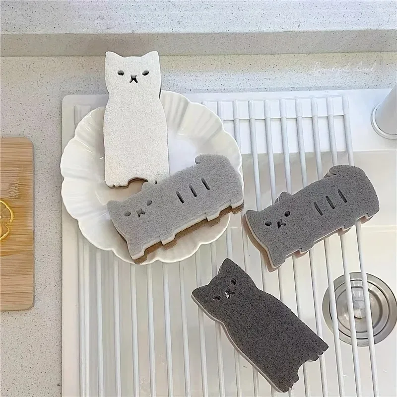 

4-piece Thick and Durable Dishwashing and Cleaning Tools Cute Cat Kitchen Sponge Set