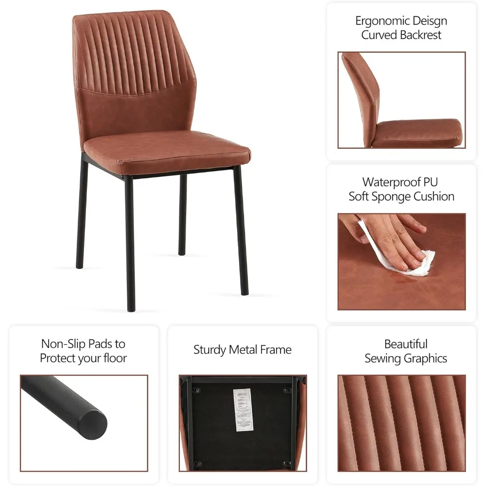 مجموعة كراسي تناول الطعام الحديثة في منتصف القرن مكونة من 4 قطع، جلد PU بني منجد، كراسي غرفة معيشة مريحة بأرجل معدنية