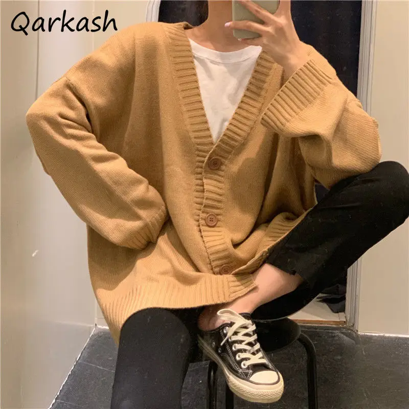 

Cardigans Women Loose Solid Simple Korean Fashion College Brief Button Up All-match Students Sweater Coats Autumn V-neck Casual