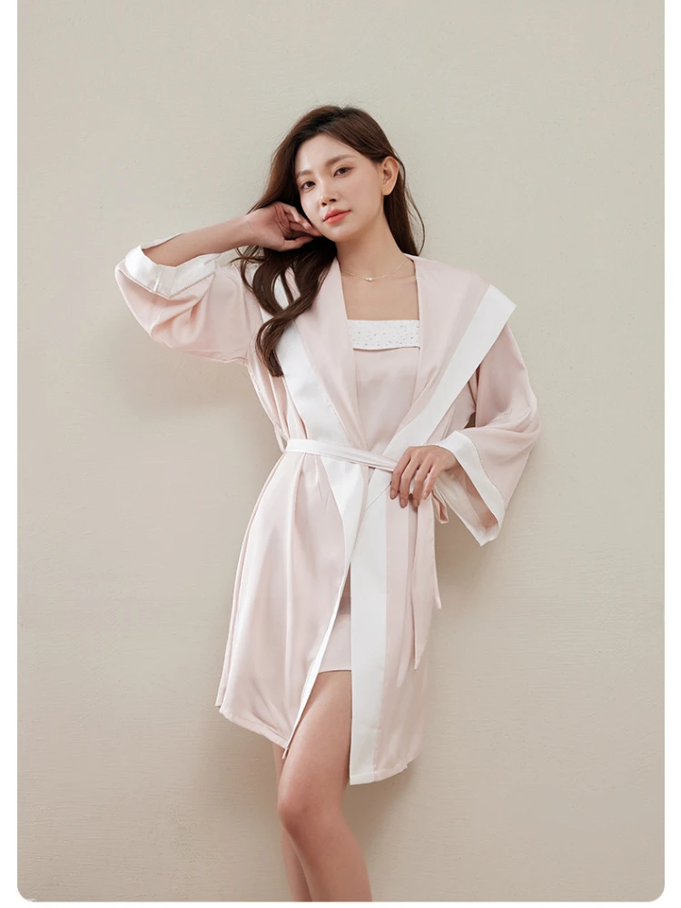 Spring 2024 New Hooded High-End Nightdress Nightgown Suit Women's 2-piece Set Diamond Sexy Ice Silk Outer Wear Home Clothes