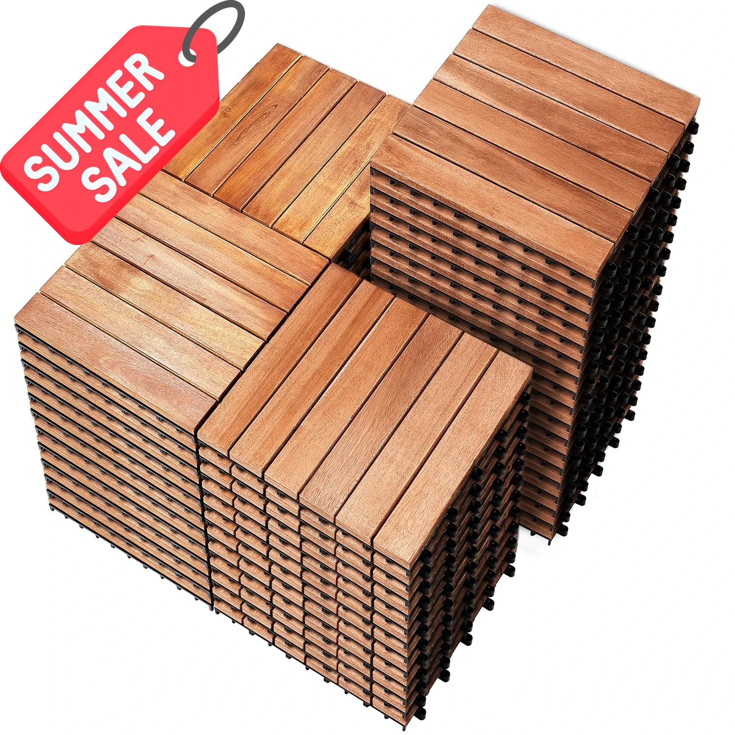 54 baldosas entrelazadas de madera maciza de acacia para terraza de patio, 12" x 12", jardín y piscina, uso para todo tipo de clima, madera natural