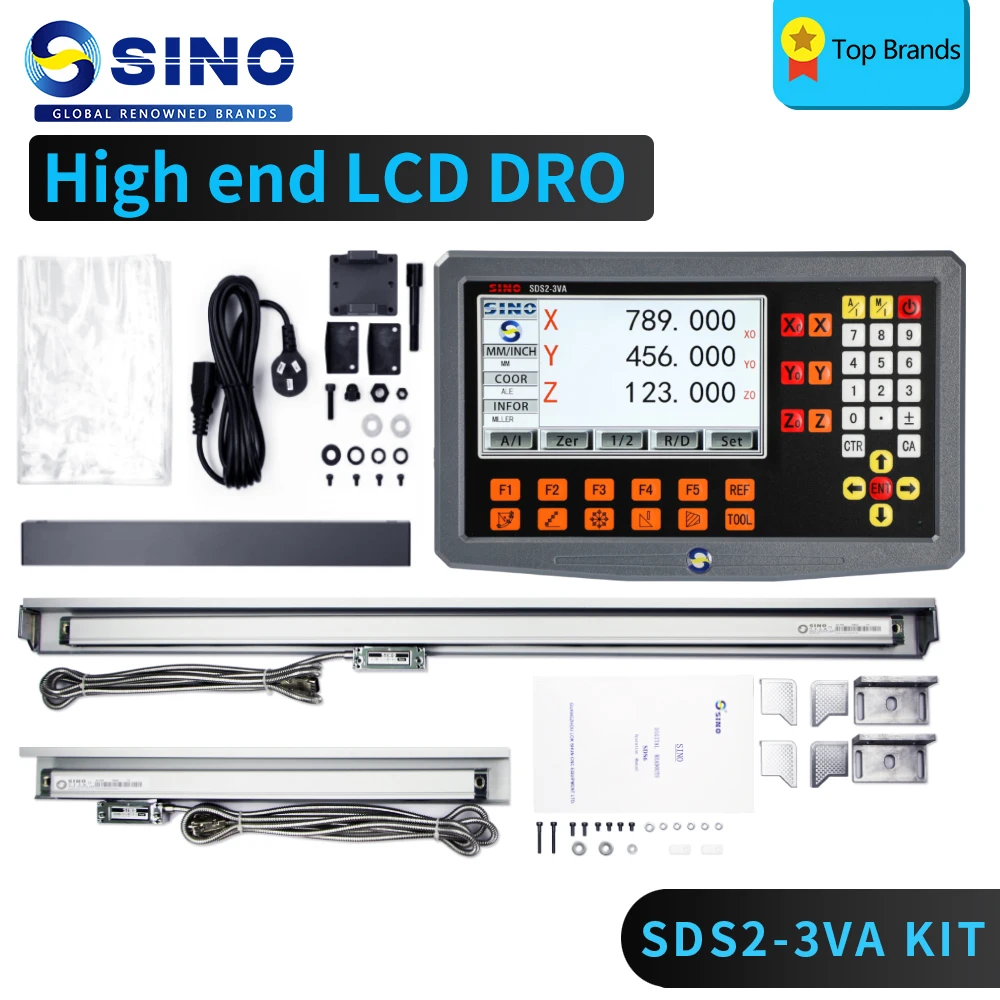 SINO SDS2-3VA LCD 디지털 판독 DRO 키트 및 선반 연마기 밀링용 유리 선형 체중계 인코더, 2 축 세트, KA300 또는 KA500 