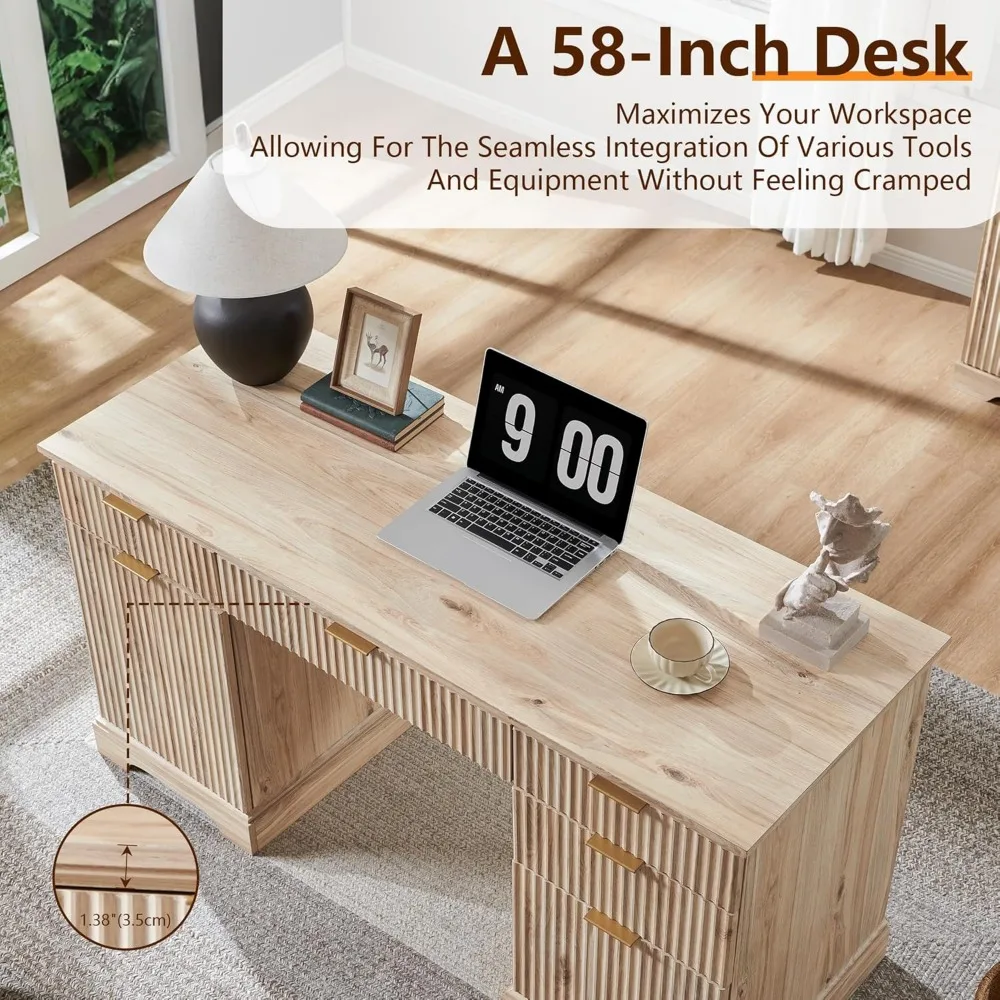 

67" Modern L Shaped Desk with Storage Cabinet & Drawers, Wood Home Office Desk with Power Outlets, Fluted Computer Writing