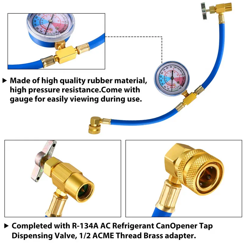 BPV31 Bullet Piercing Tap Valve Kit U-Charging Tools Hose Refrigerant Valve Can Tap with Gauge R134a