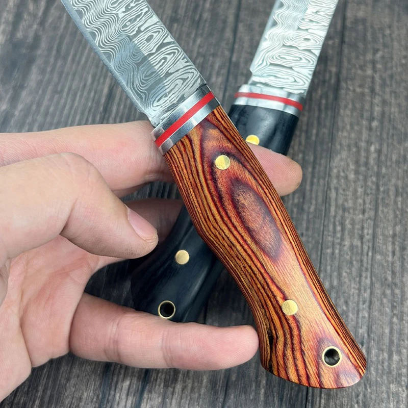 Colored Wood Handle Laser Damascus Pattern Knives Fruit Knife For Household Outdoor Survival Self-defense Sharp Straight Knife