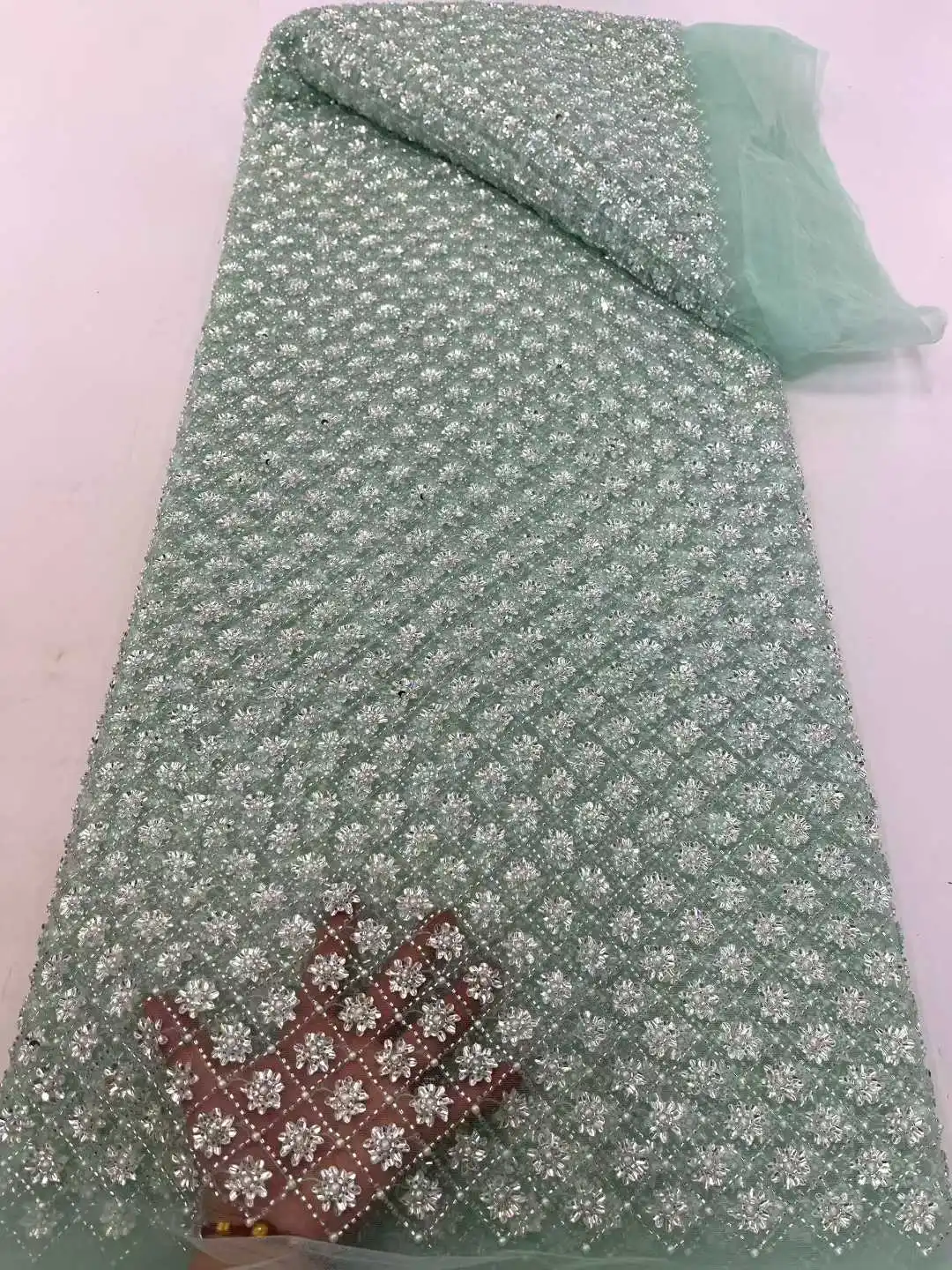 2025 New Design African Heavy Beaded Lace Tulle Lace Fabric French Sequins Embroidery Lace Fabric For Dresses Wedding Material