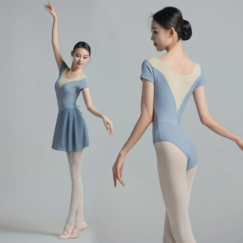 Adult Women Ballet Dance Short Sleeve Color Blocking Wing Sleeve One-piece Basic Training Formal ECE Dance Practice Costume
