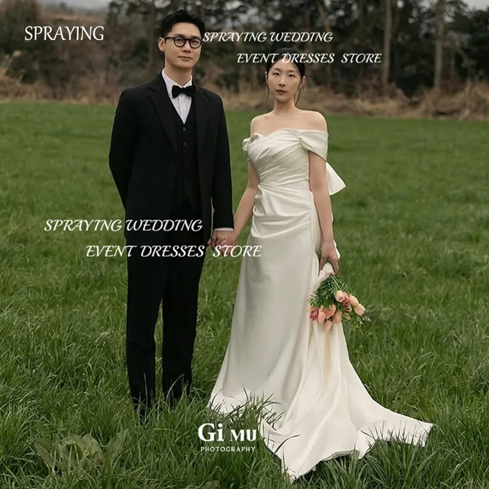 

SPRAYING Elegant Mermaid ivory Satin Wedding Korea Photo Shoot Dress Off Shoulder Long Sweep Train Bridal Gowns 웨딩드레스 Customized