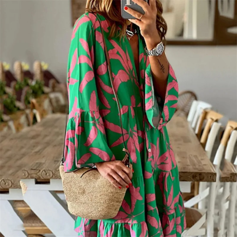 Women's Printed Dress Long Sleeve Printed Bell Sleeves