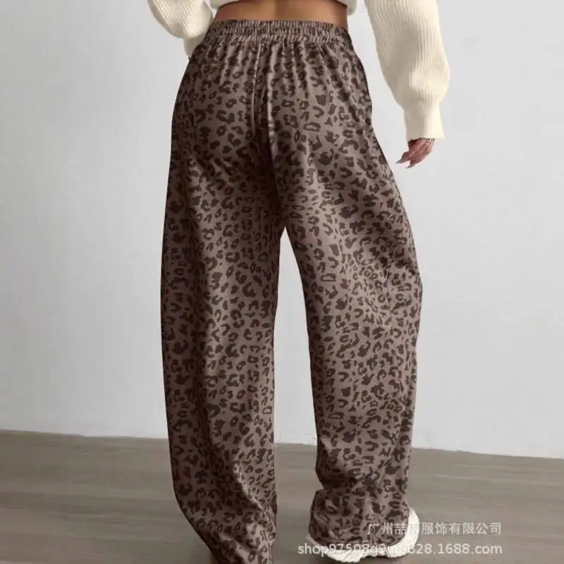 Leopard Print With White Stripe Decoration Loose Pants Women Casual Elastic Waistband Sport Hip Hop Street Fashion Sweatpants