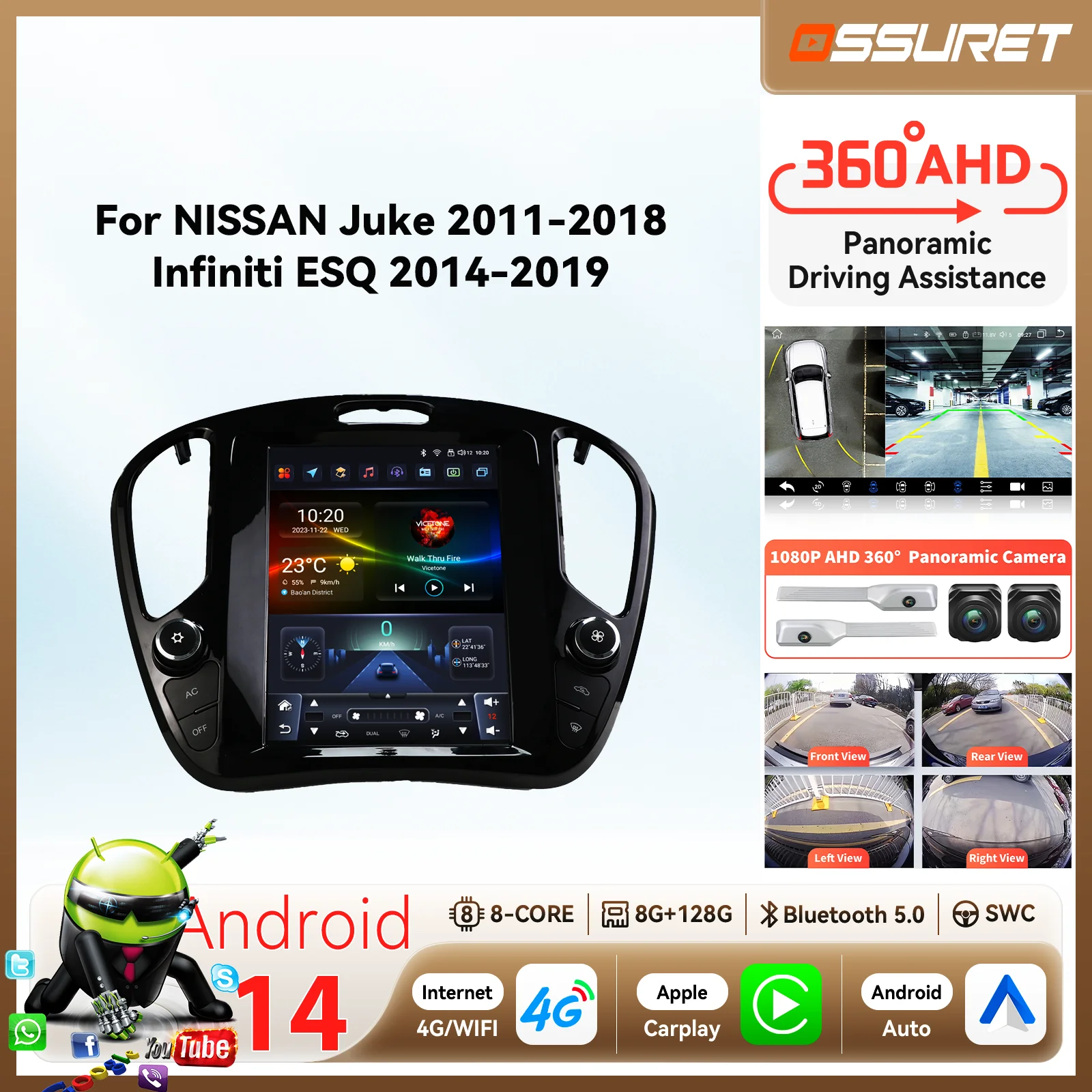 9.7 Wireless Carplay Andorid 14 Autoradio per NISSAN Juke 2011-2018 Infiniti ESQ 2014-2019 Autoradio GPS 360 Cam 2din multimediale