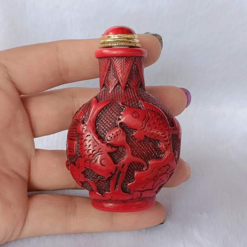 

Antique Collection: Imitation Red Coral Snuff Bottle with Double Sided Sculpture, Smoke Set, Interior Painting, Snuff Bottl