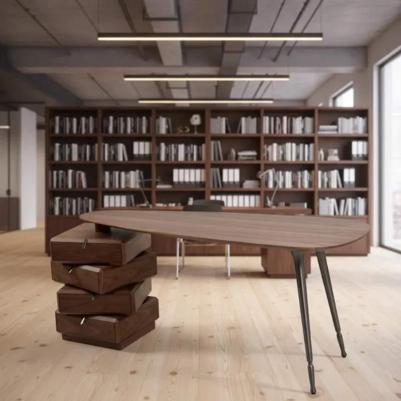 Asymmetrical desk, natural walnut veneer, black titanium legs, stacked side locker