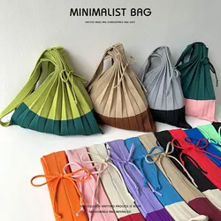 New Knitted Pleated Handbag Women Shoulder Bag Foldable Color Wide Stripe Plaid Tote Bag Large Capacity Reusable Shopping Bag