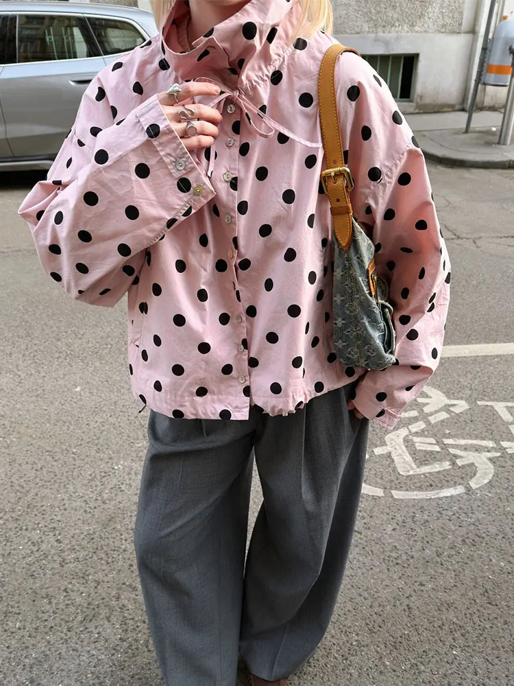 HH Polka Dot Jacke für Damen, elegante Mode, langärmeliger Rollkragenmantel mit Kordelzug, Frühling und Herbst, Damen-Trend, Streetwear
