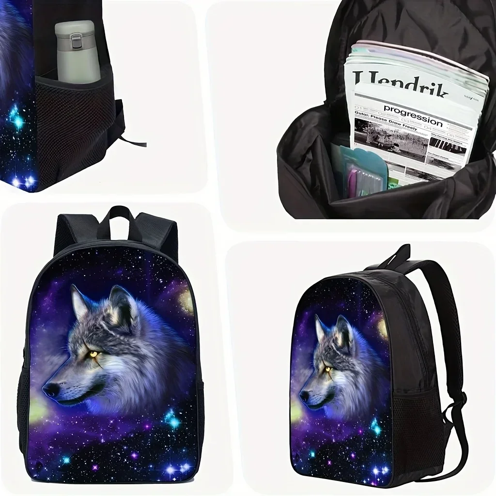 Custom Starry Wolf Print Large Black Backpack Set Durable Convertible Backpack With Multiple Compartments, Zipper Closure