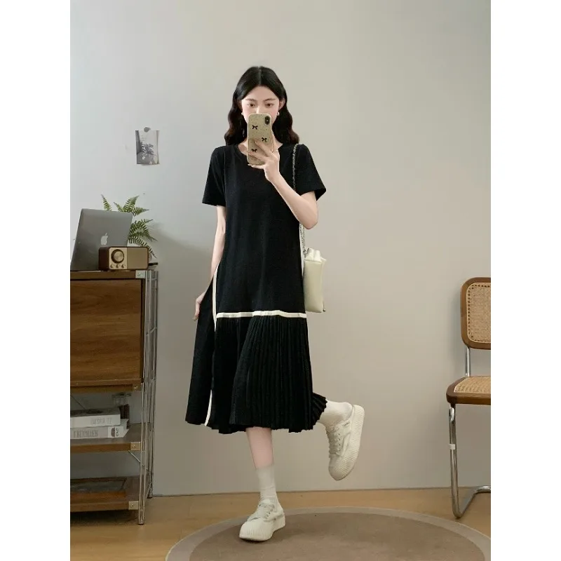 SuperAen Pleated Splicing Dress Medium and Long Oversize T-shirt Dress Women's Summer Long Dress
