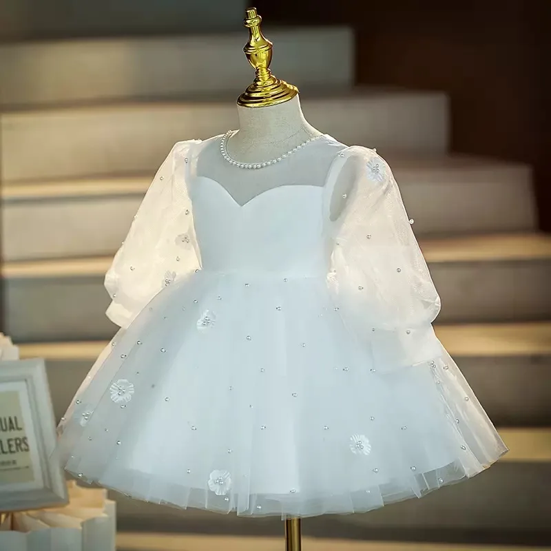 2024 Teenmiro Elegant Party Dress for Child Girls Infants Beading Tulle White Dresses with Big Bow Kids Christening Ball Gowns