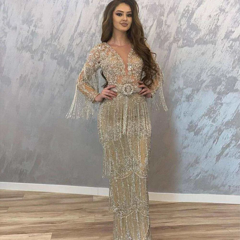 Luxury Crystal Tassel Prom Dresses Fashion V-Neck Long Sleeves Mermaid Gowns Formal Elegant Floor Length Evening Party Dresses