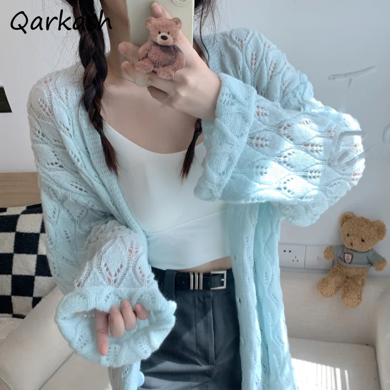 

Blue Loose Cardigans Women Hollow Out Casual Sweet Girls Y2k Sun-proof Coats Sweater Knitted Kawaii Students All-match Autumn