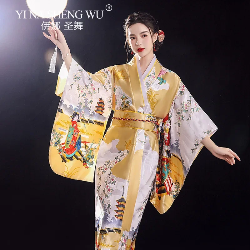 New Japanese kimono Women Sexy Kimono Yukata With Obi Novelty Traditional Japanese Cosplay Costume Satin Floral Robe One Size