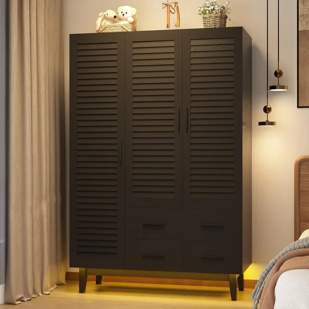 3-door wardrobe with drawers and LED lights, multi-level shelves, rails and 3 shuttered doors, large storage wardrobe