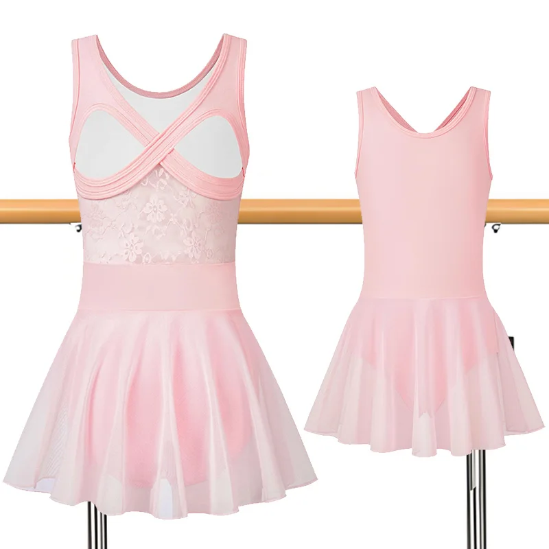 女の子ノースリーブキャミソールドレスバレエダンスレオタード女の子用体操タンクトップスカート中空レースバックダンスレオタード