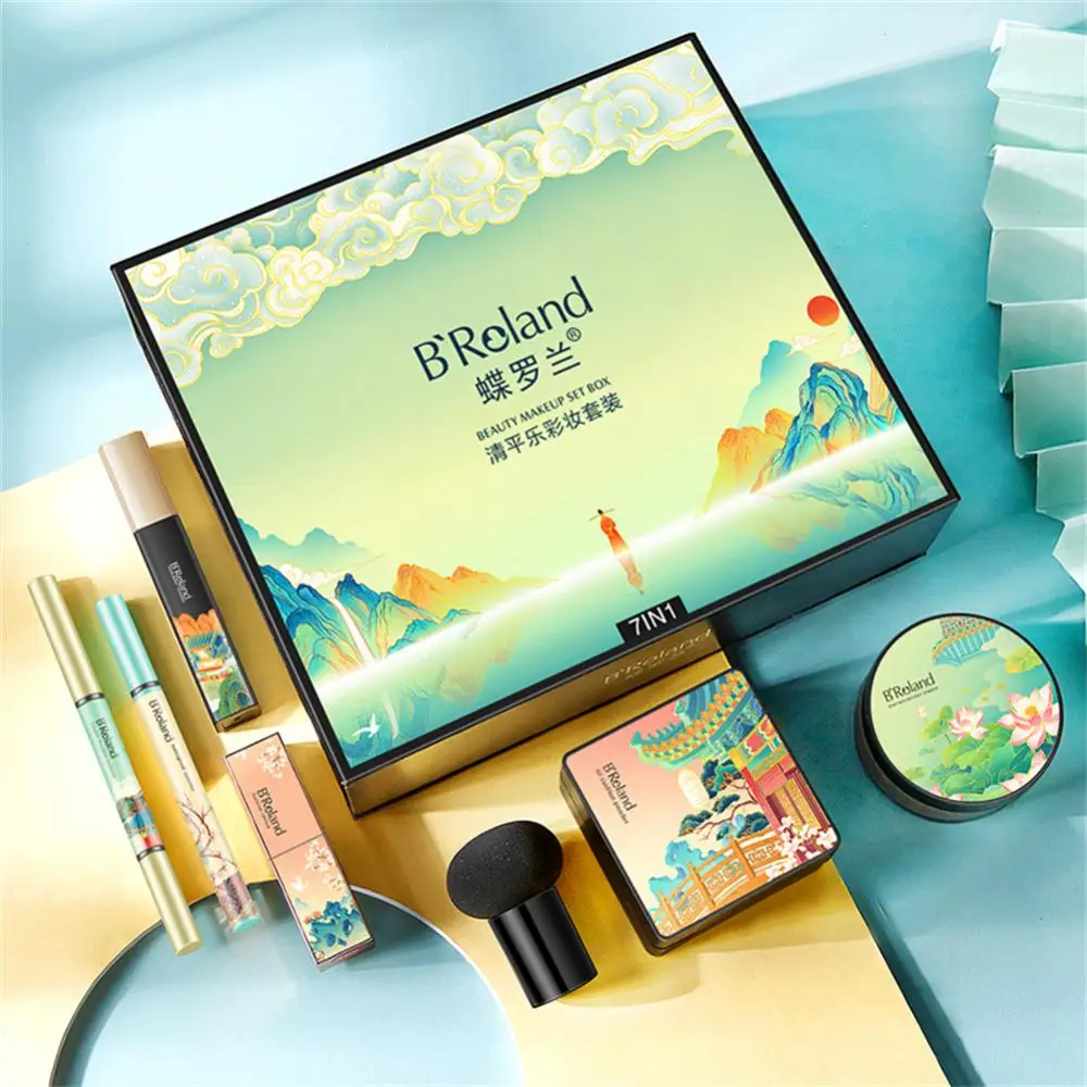 Sky Makeup Set Elegant Green Chinese Beauty Cushion BB Cream Lipstick Brow Pen Eyeliner Mascara Face Cosmetics Kit Gift Box