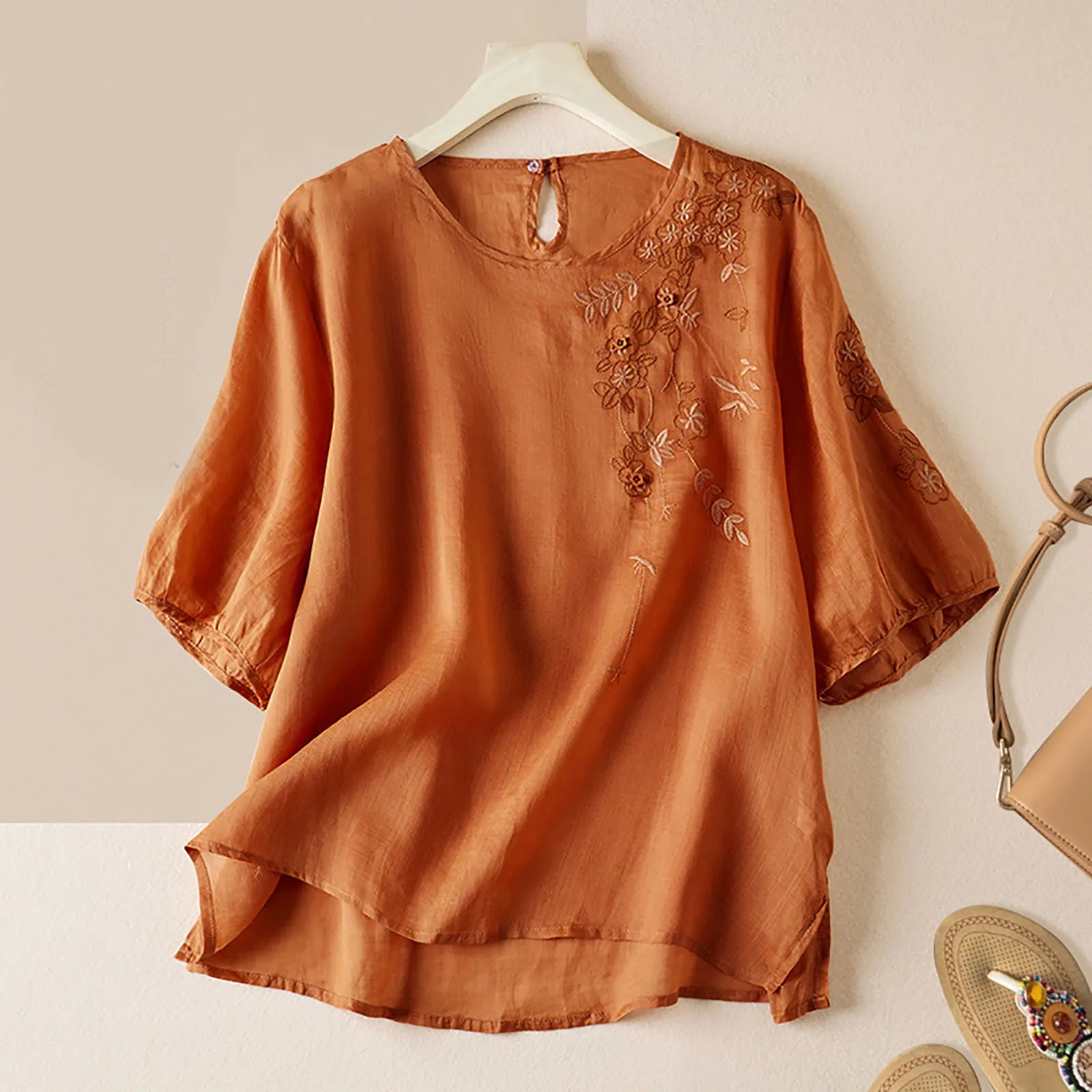 Large Size Women\'s Shirt Spring and Summer Retro Embroidery Cotton And Linen Shirt Tops Solid Colour Casual Round Collar Blouse